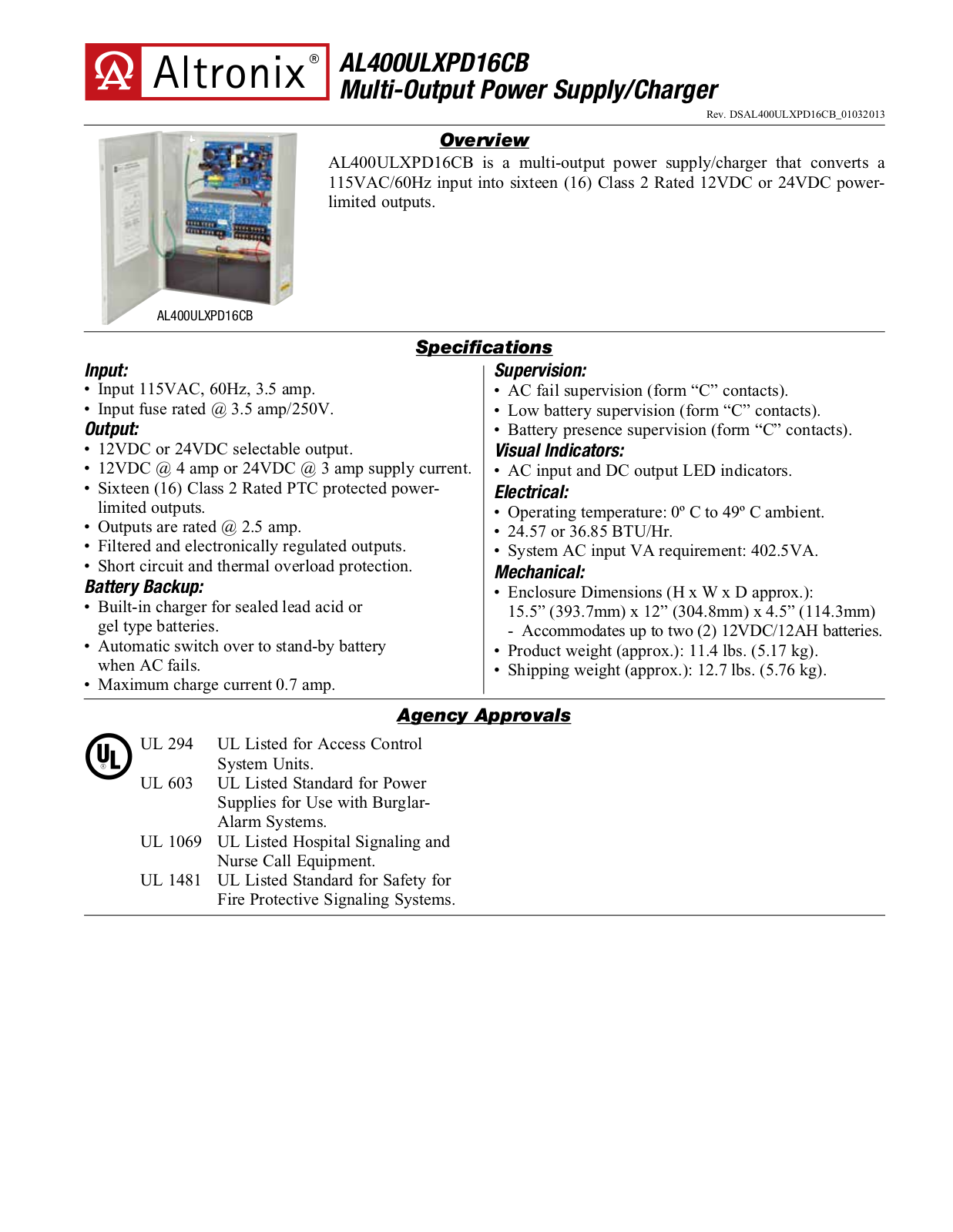 Altronix AL400ULXPD16CB Specsheet