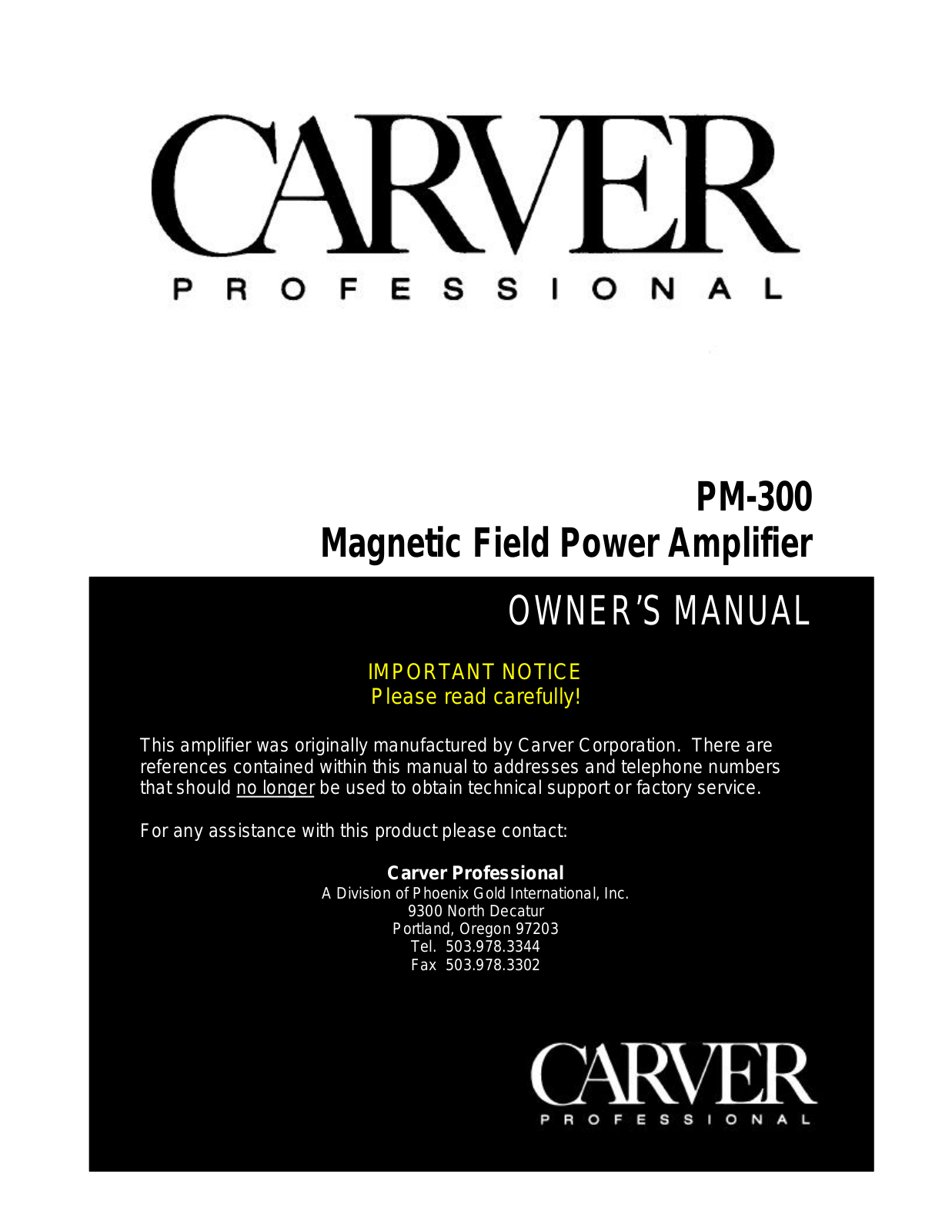 Carver PM-300 Owners Manual