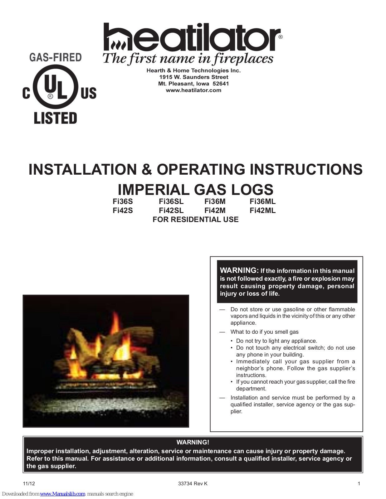 Heatilator Fi36S Installation & Operating Instructions Manual