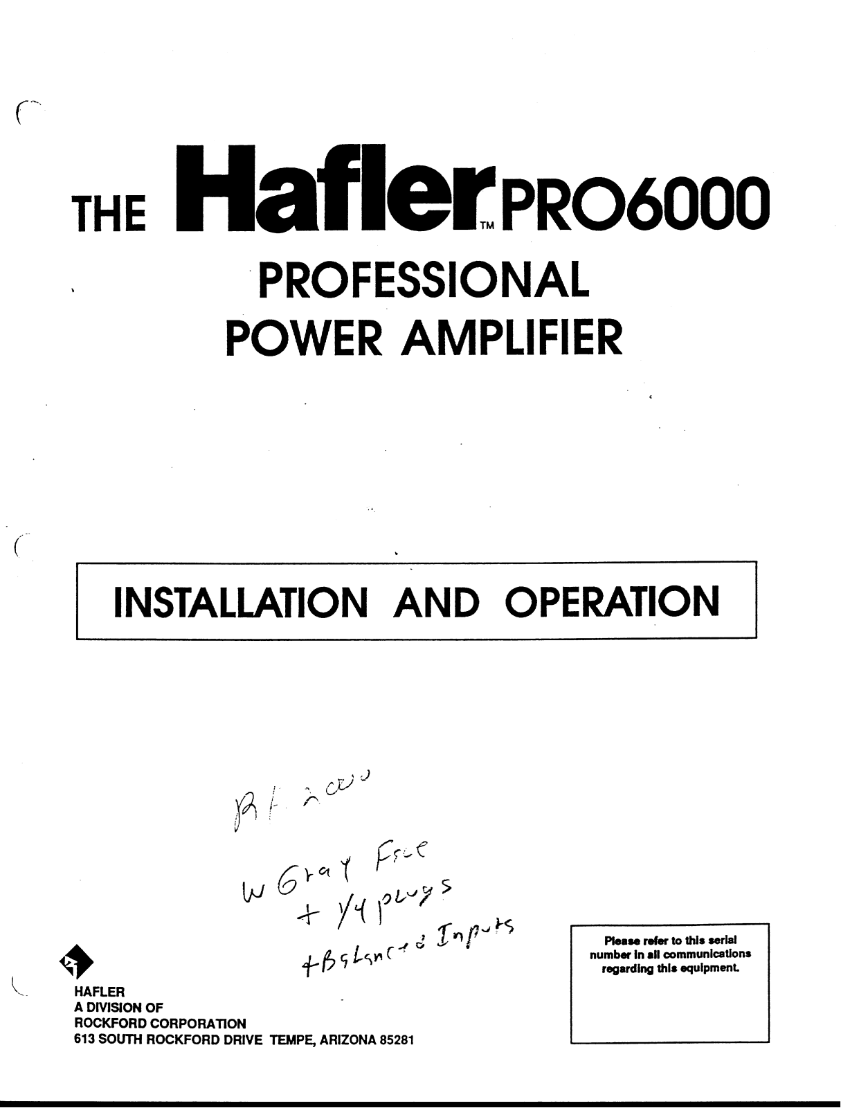 Hafler PRO-6000 Owners manual