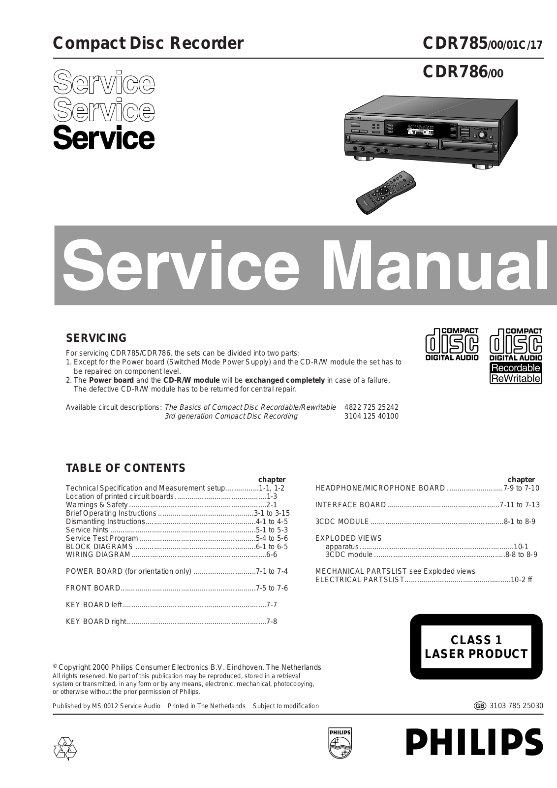 Philips CDR785-00, CDR785-01C, CDR785-17, CDR786-00 Service Manual