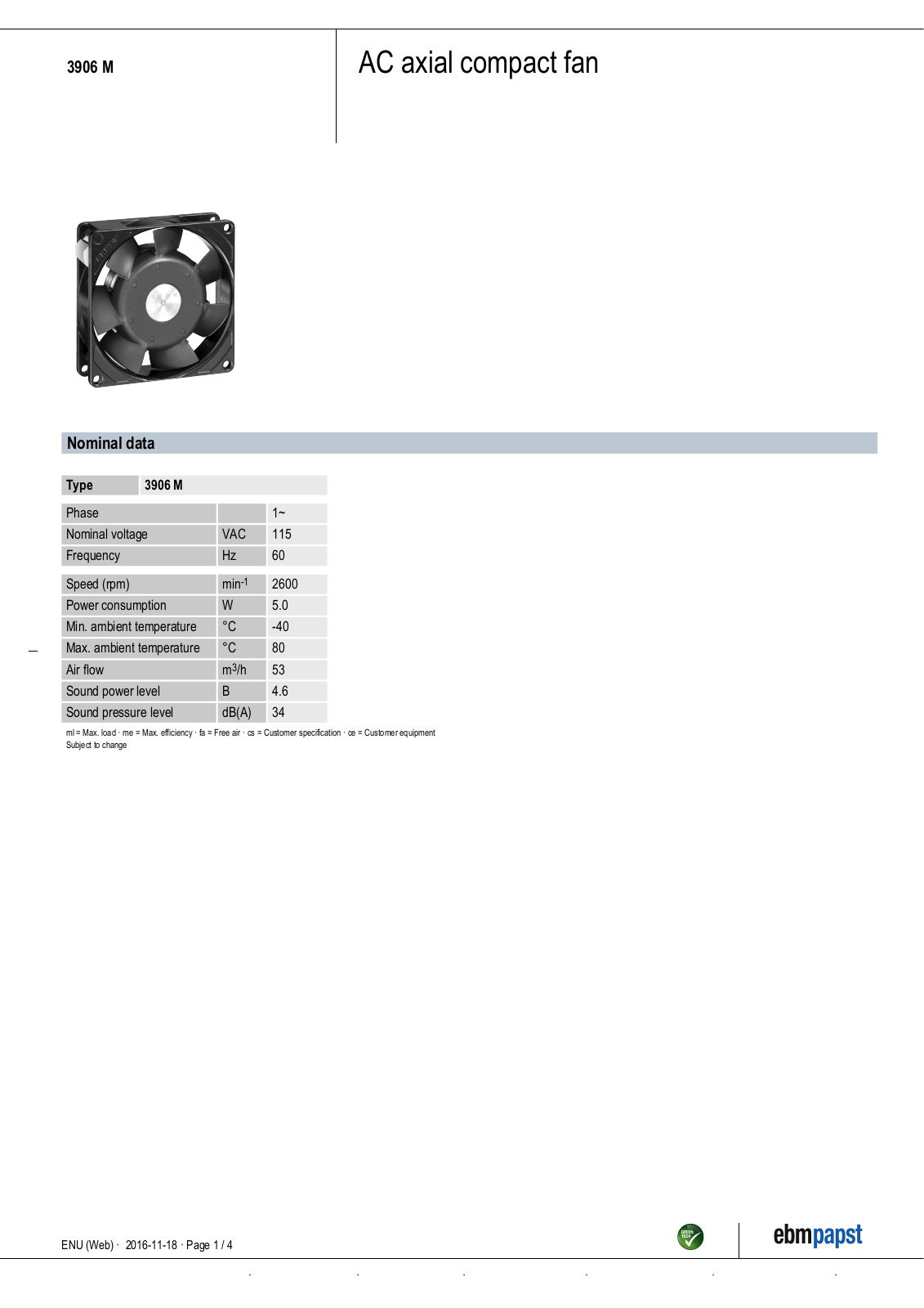 ebm-papst 3906M Data Sheet