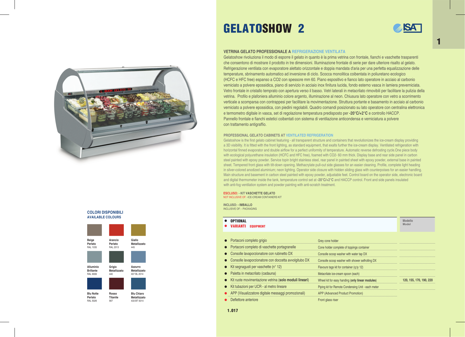 ISA GELATOSHOW 2 120 RV, GELATOSHOW 2 155 RV, GELATOSHOW 2 170 RV, GELATOSHOW 2 190 RV, GELATOSHOW 2 220 RV Brochure