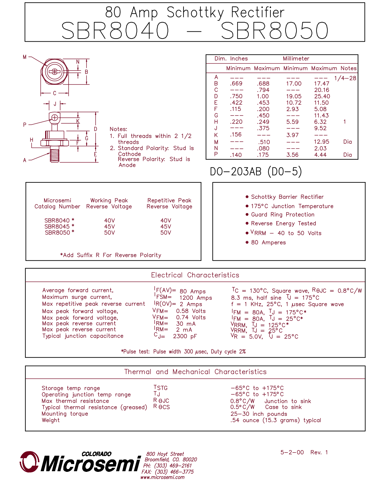 Microsemi Corporation SBR8040, SBR8045, SBR8050 Datasheet