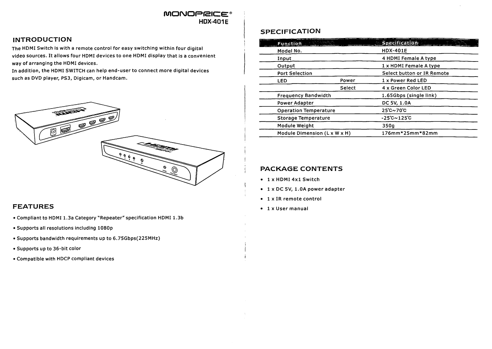 Monoprice HDX-401E Specifications - ManualMachine.com