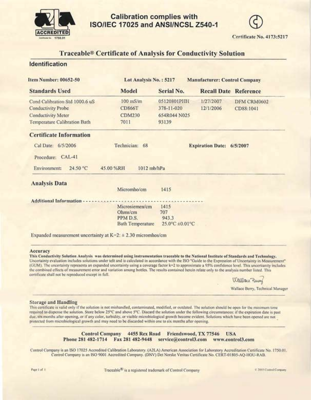 Oakton Traceable  Conductivity Data Sheet