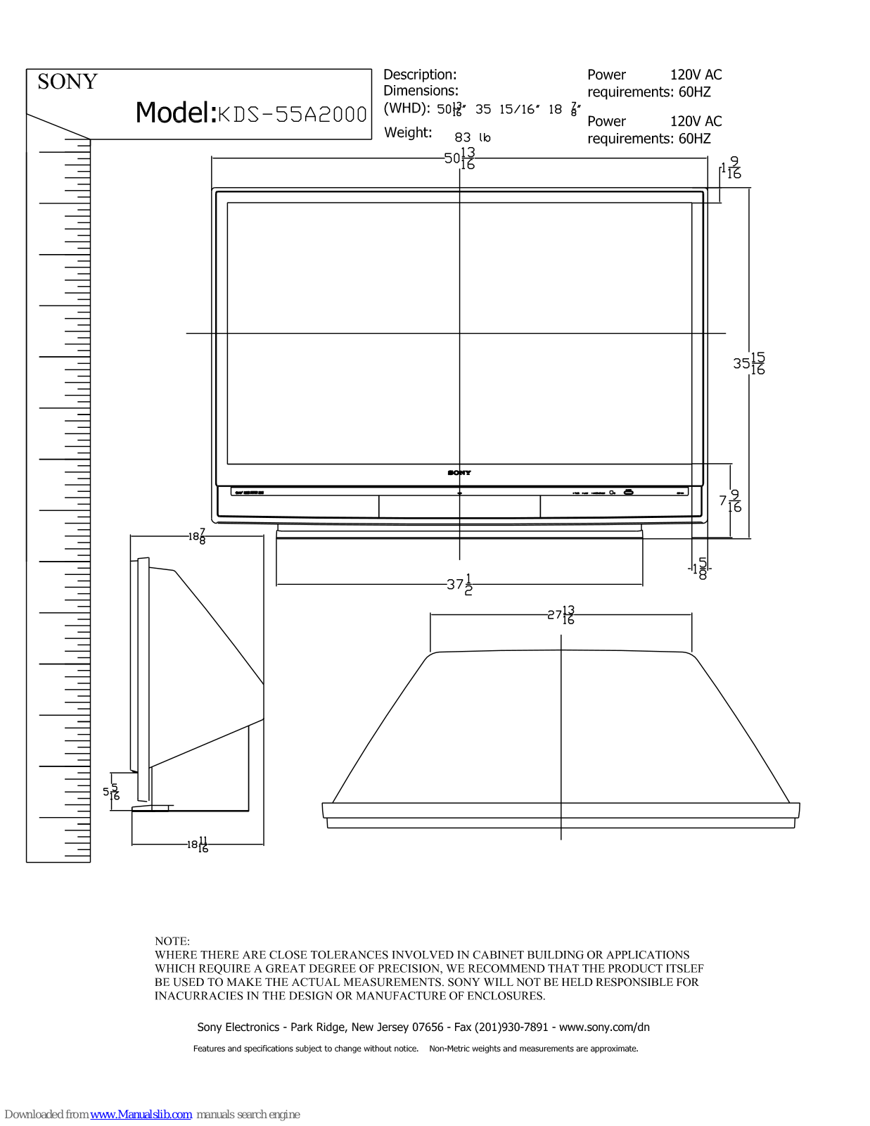 Sony WEGA KDS-55A2000 Dimensions