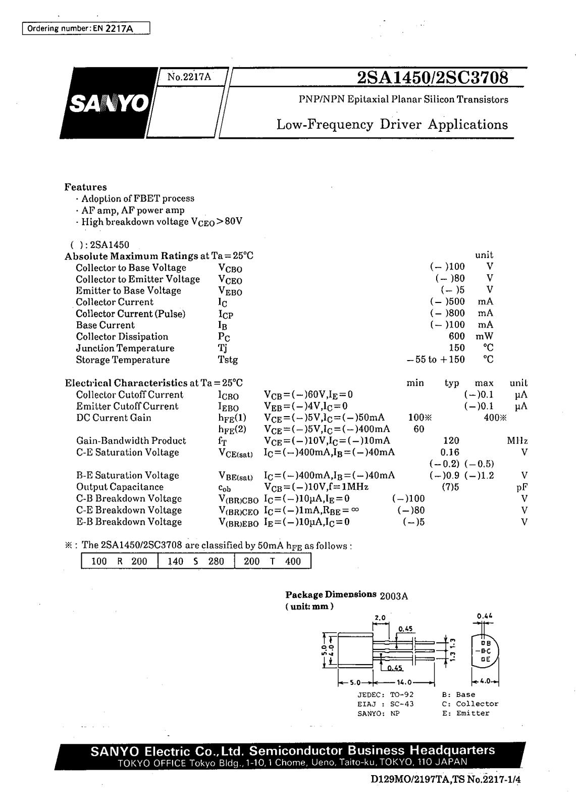 SANYO 2SC3708, 2SA1450 Datasheet