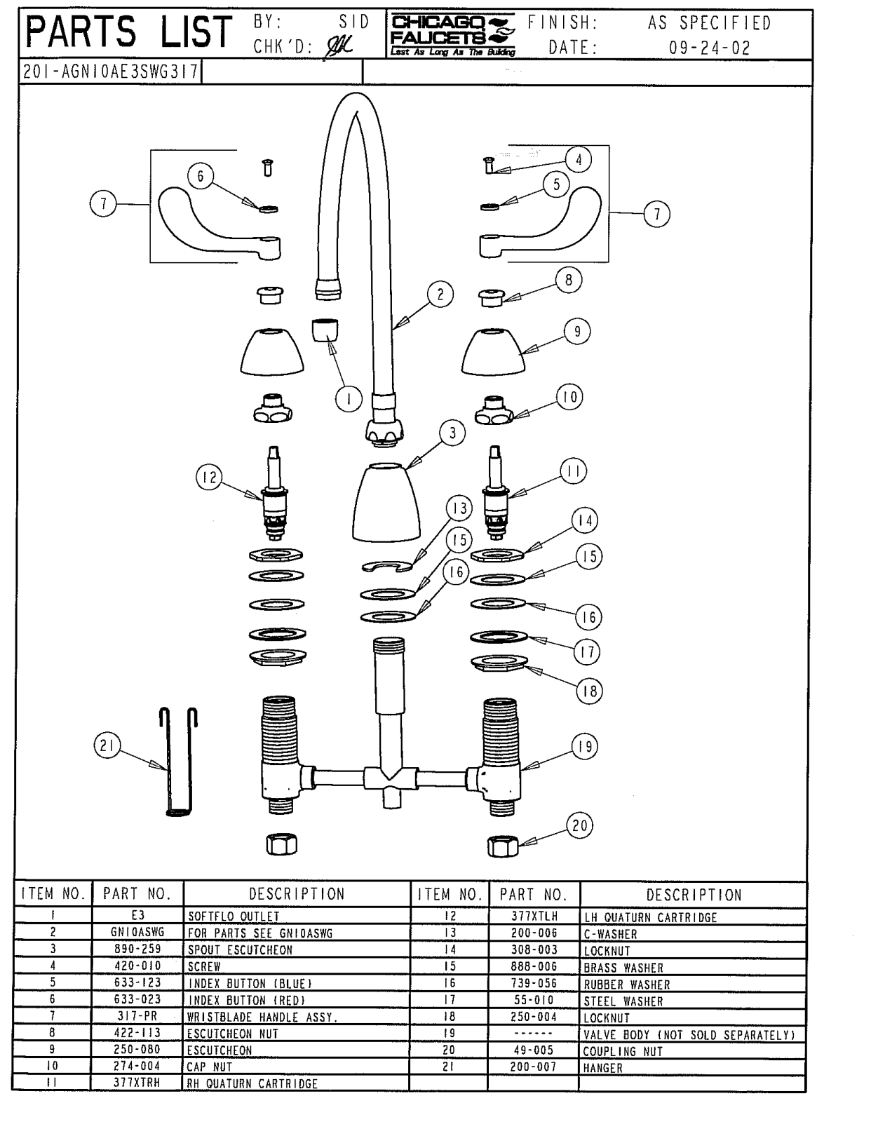 Chicago Faucet 201-AGN10AE3SWG317CP Parts List