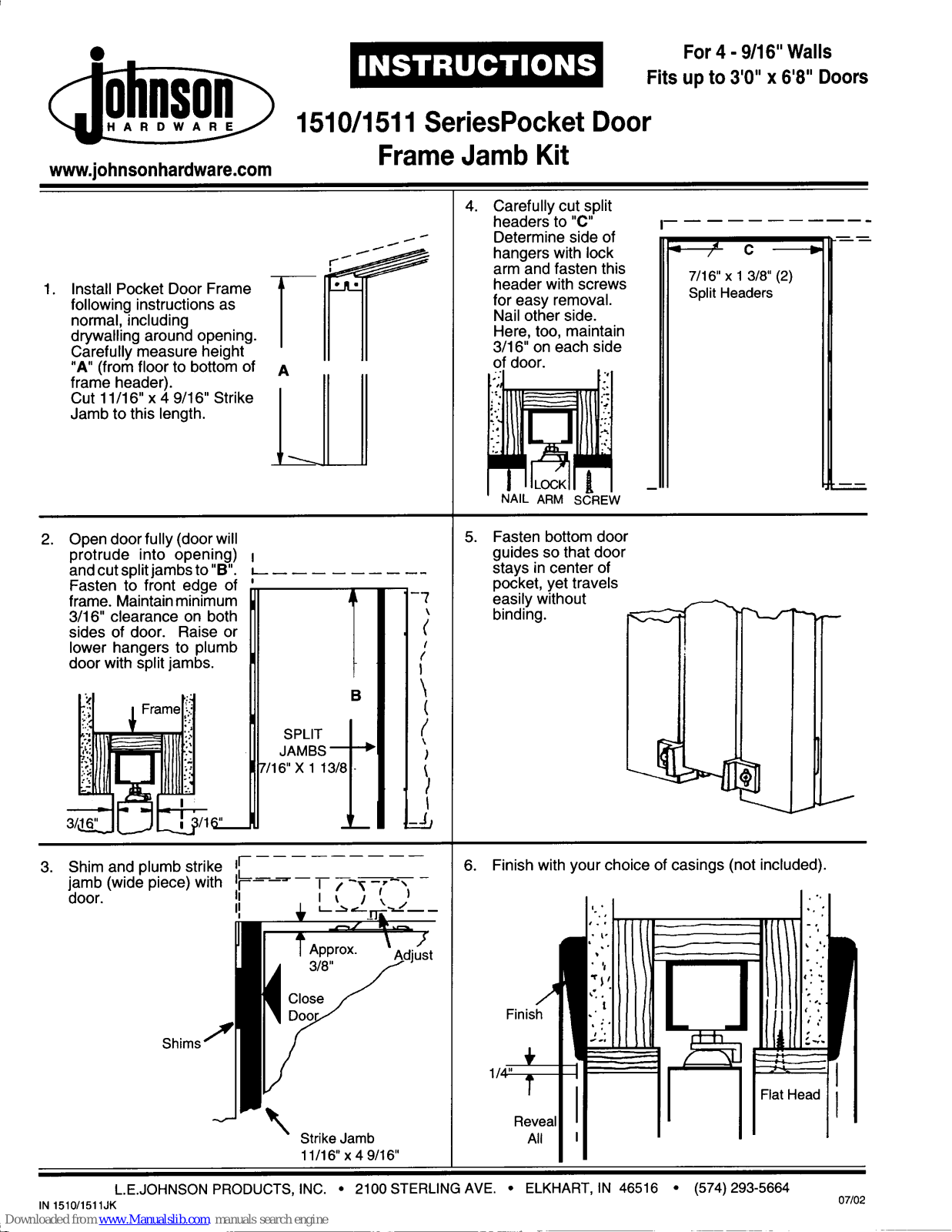 Johnson Hardware 1510 Series, 1511 Series, IN 1510JK, IN 1511JK Installation Instructions Manual