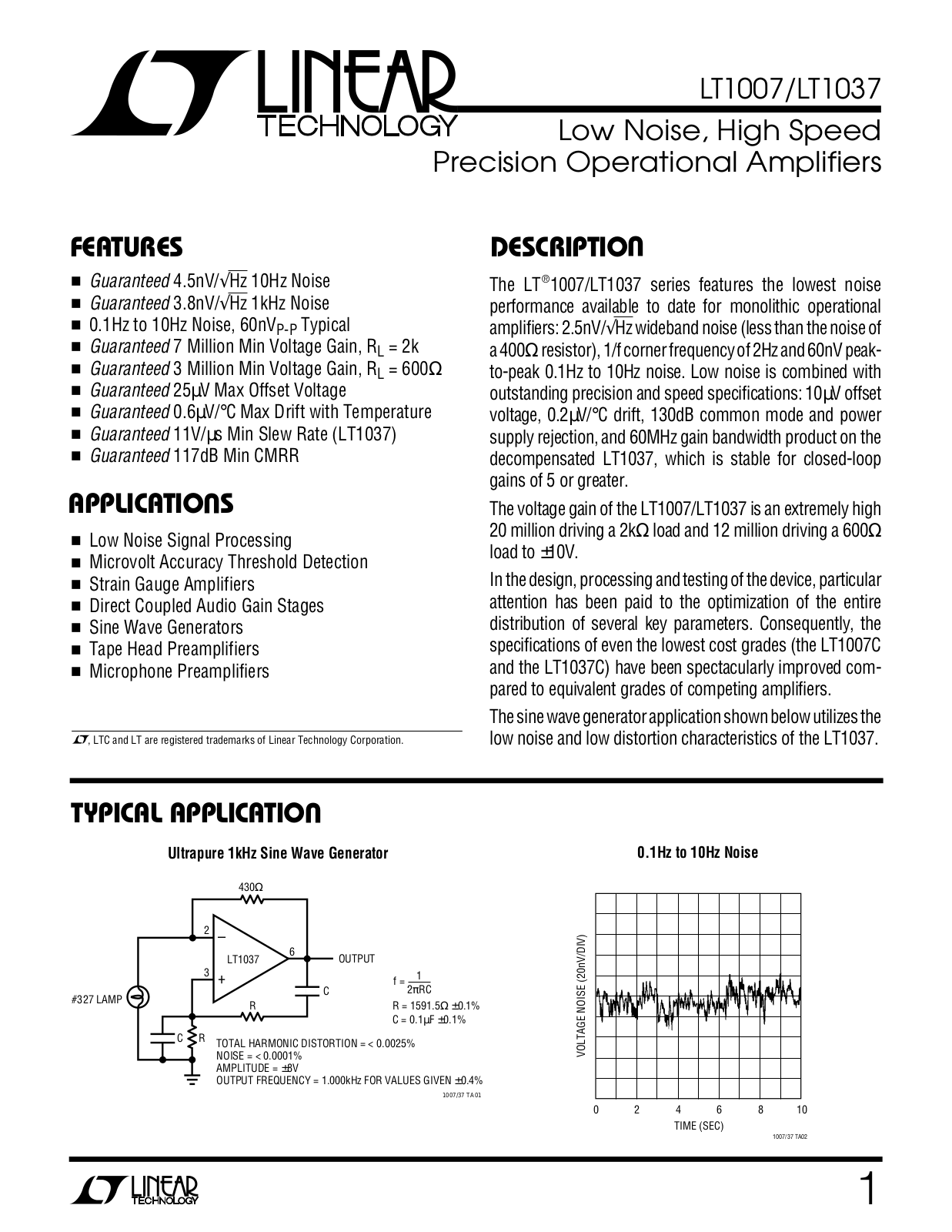 Linear Technology LT1037, LT1007 Datasheet