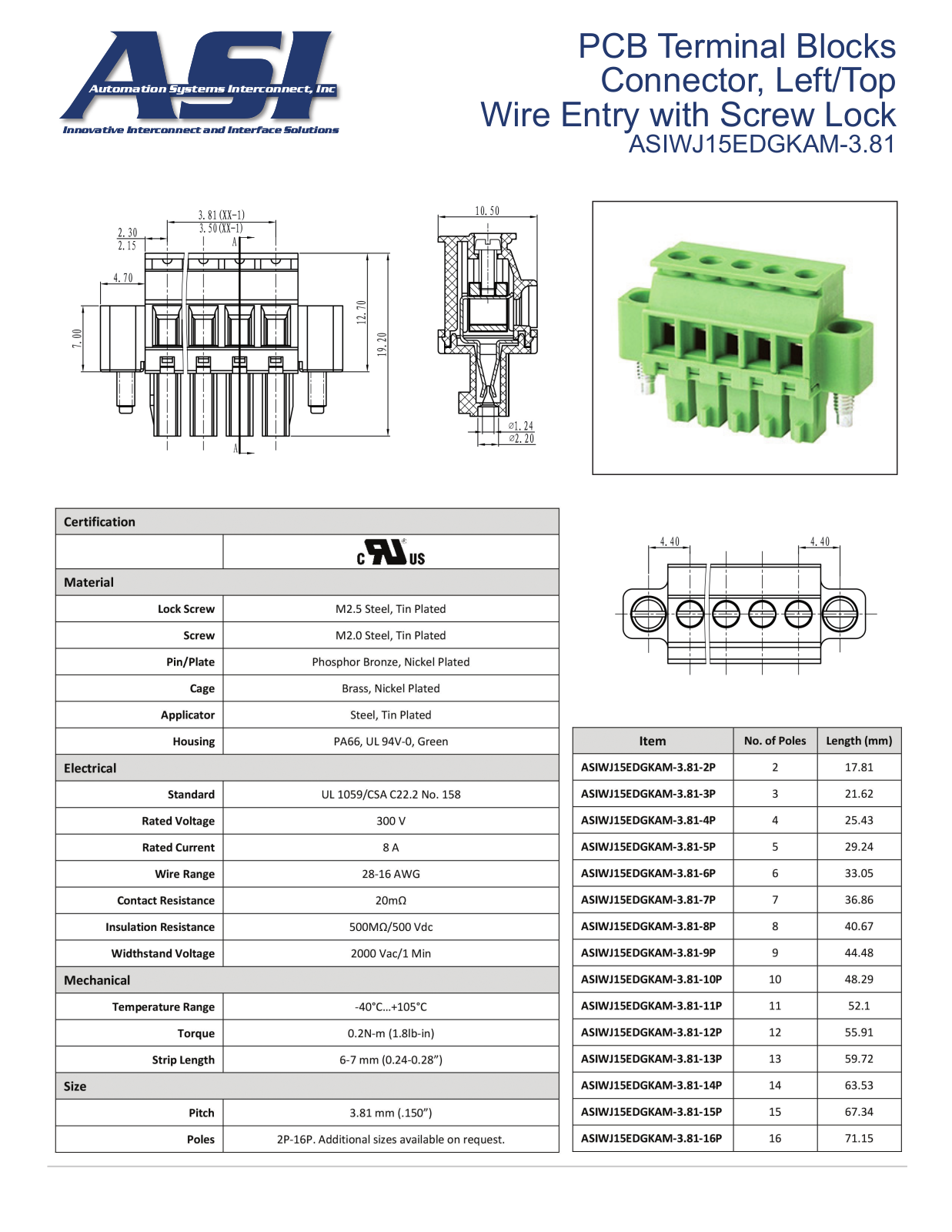 ASI-Automation Systems Interconnect ASIWJ15EDGKAM-3.81 Data Sheet