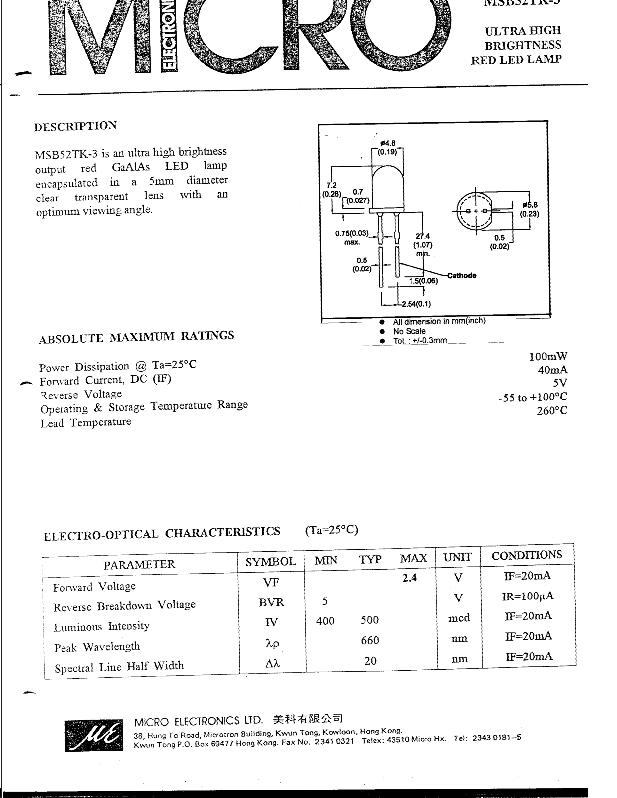 MICRO MSB52TK-3 Datasheet