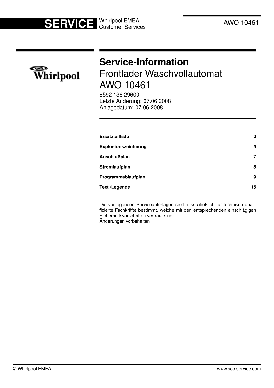 WHIRLPOOL AWO10461 User Manual