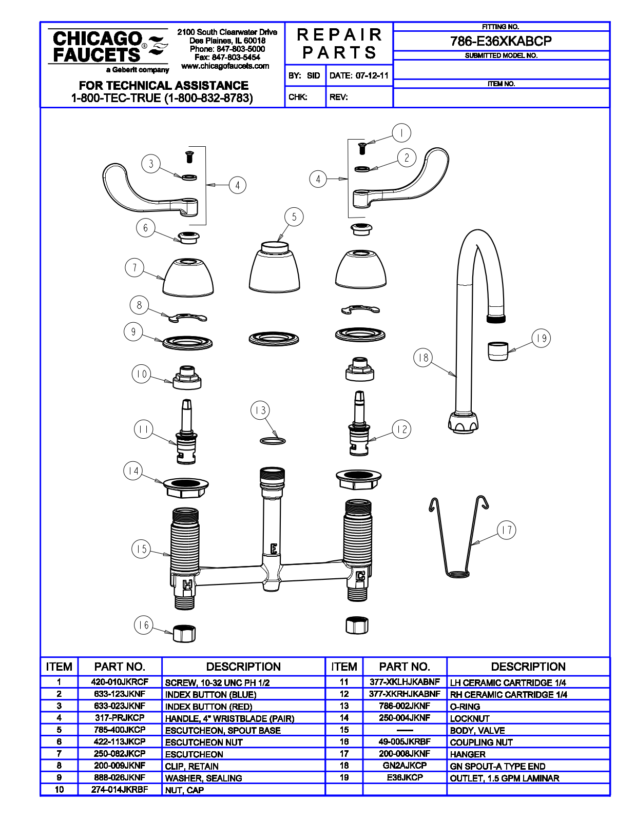 Chicago Faucet 786-E36XKAB Parts List