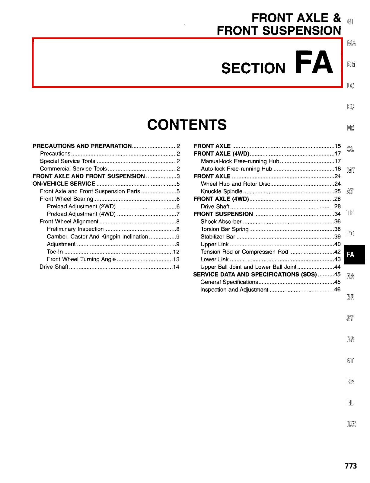 Nissan D21 Front Axle  FA 1997 Owner's Manual
