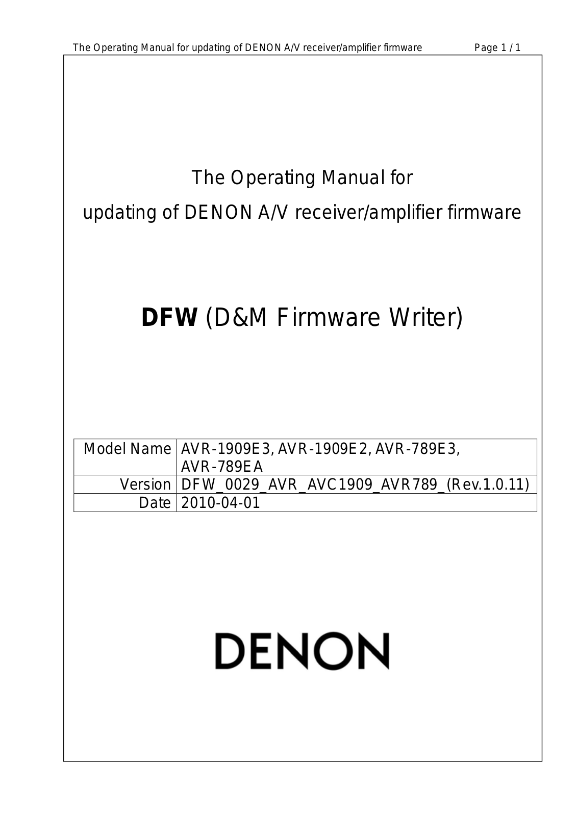 Denon DFW 0029, AVC-1909, AVR-789 Service Manual