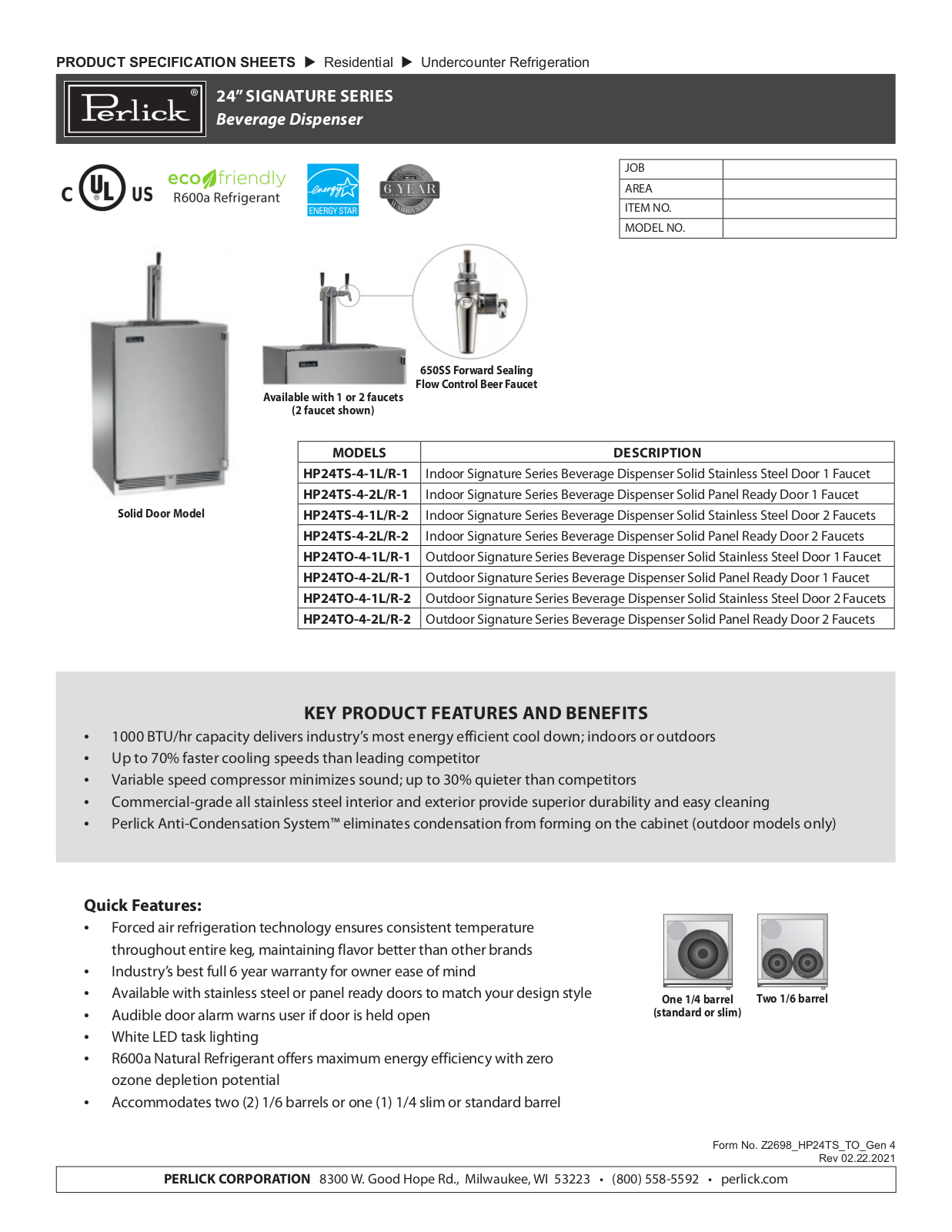 Perlick HP24TS-4-1L-1, HP24TS-4-2L-1, HP24TS-4-1L-2, HP24TS-4-2L-2, HP24TO-4-1L-1 Specification Sheet