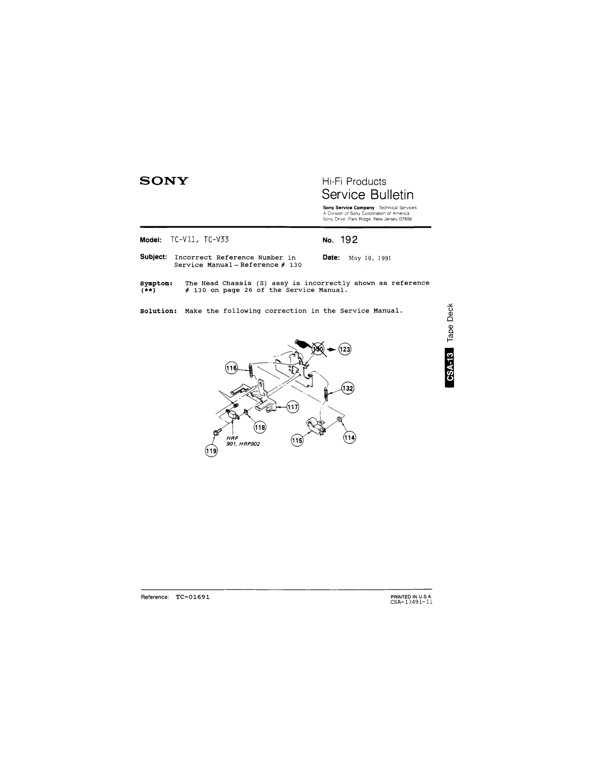 Sony TC-V11, TC-V33 Service Manual