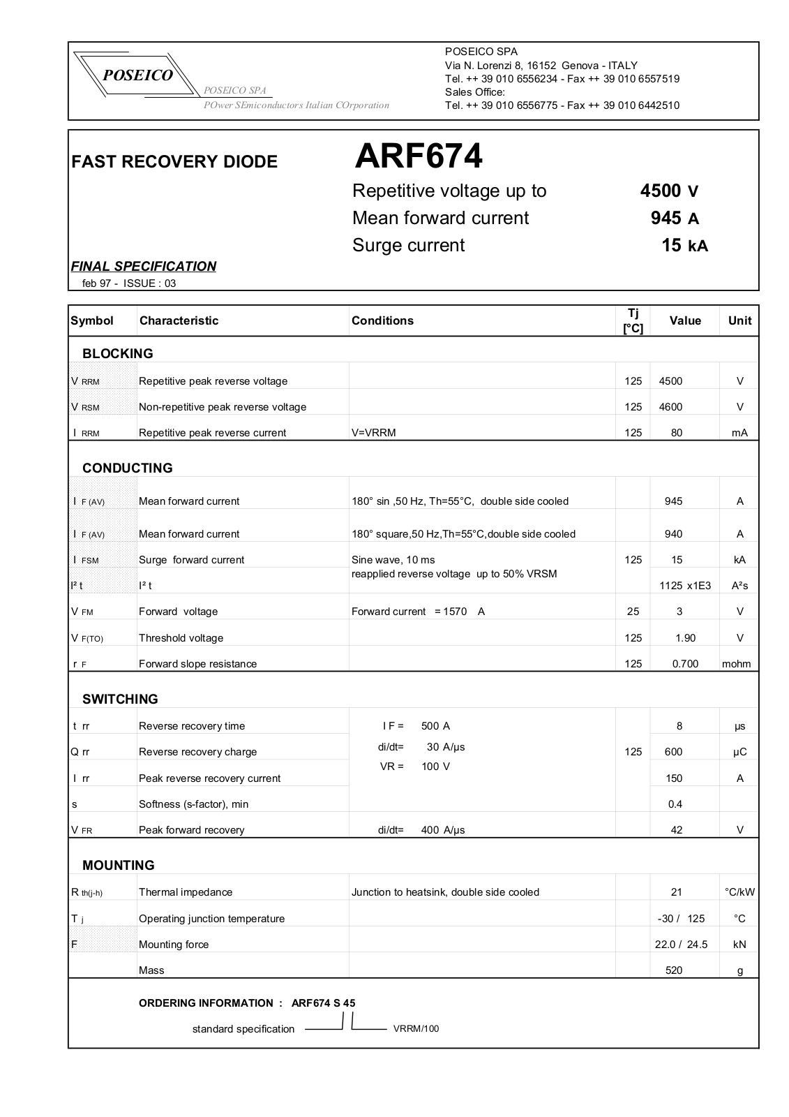 POSEICO ARF674S45 Datasheet