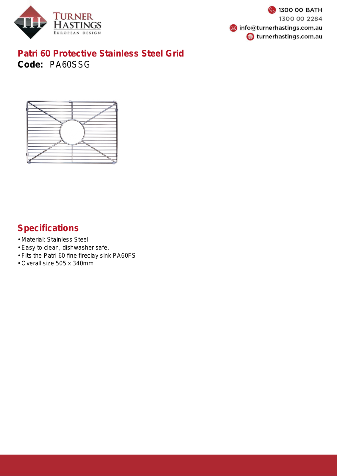 Turner Hastings PA60SSG Specifications Sheet