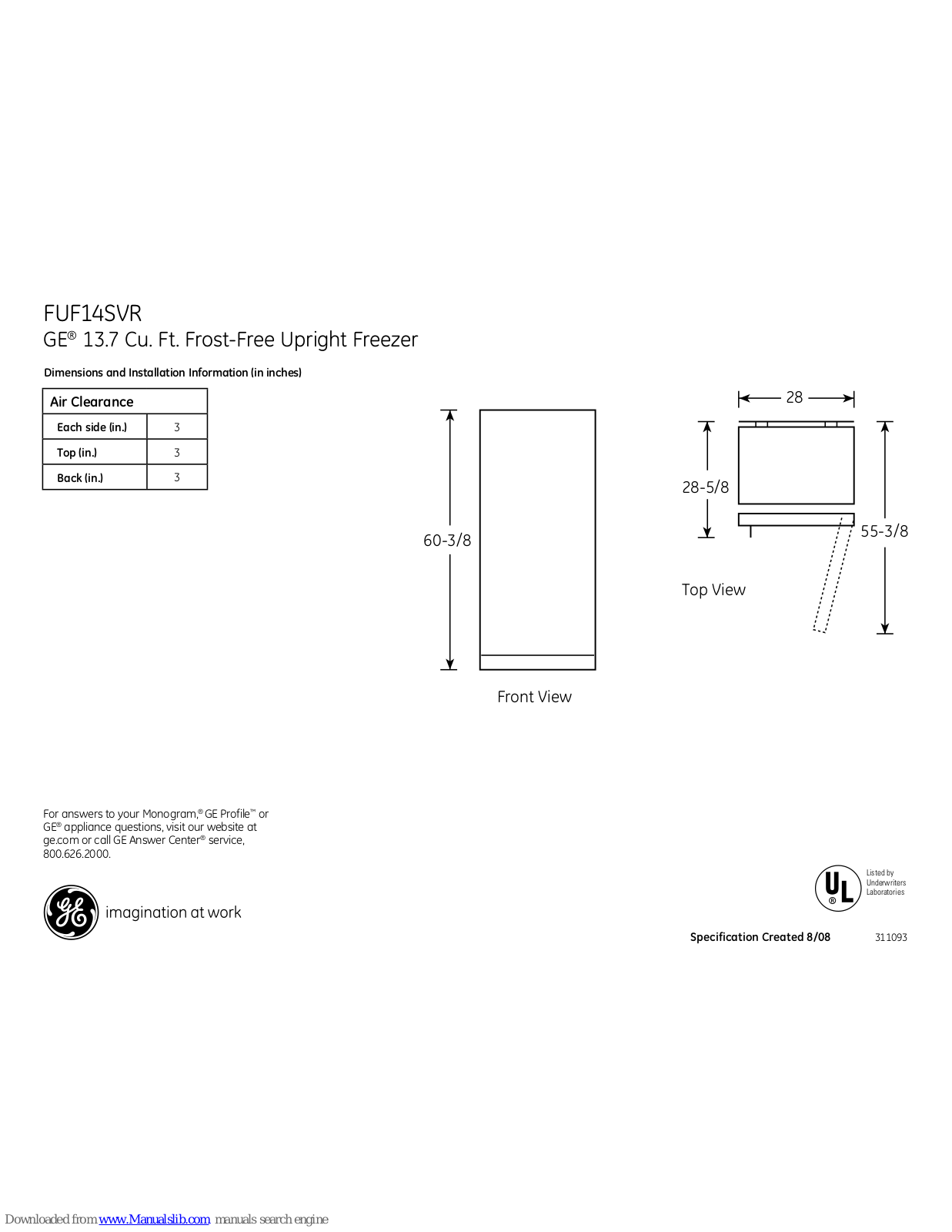 GE FUF14SVRWW, FUF14SVR Dimensions And Installation Information