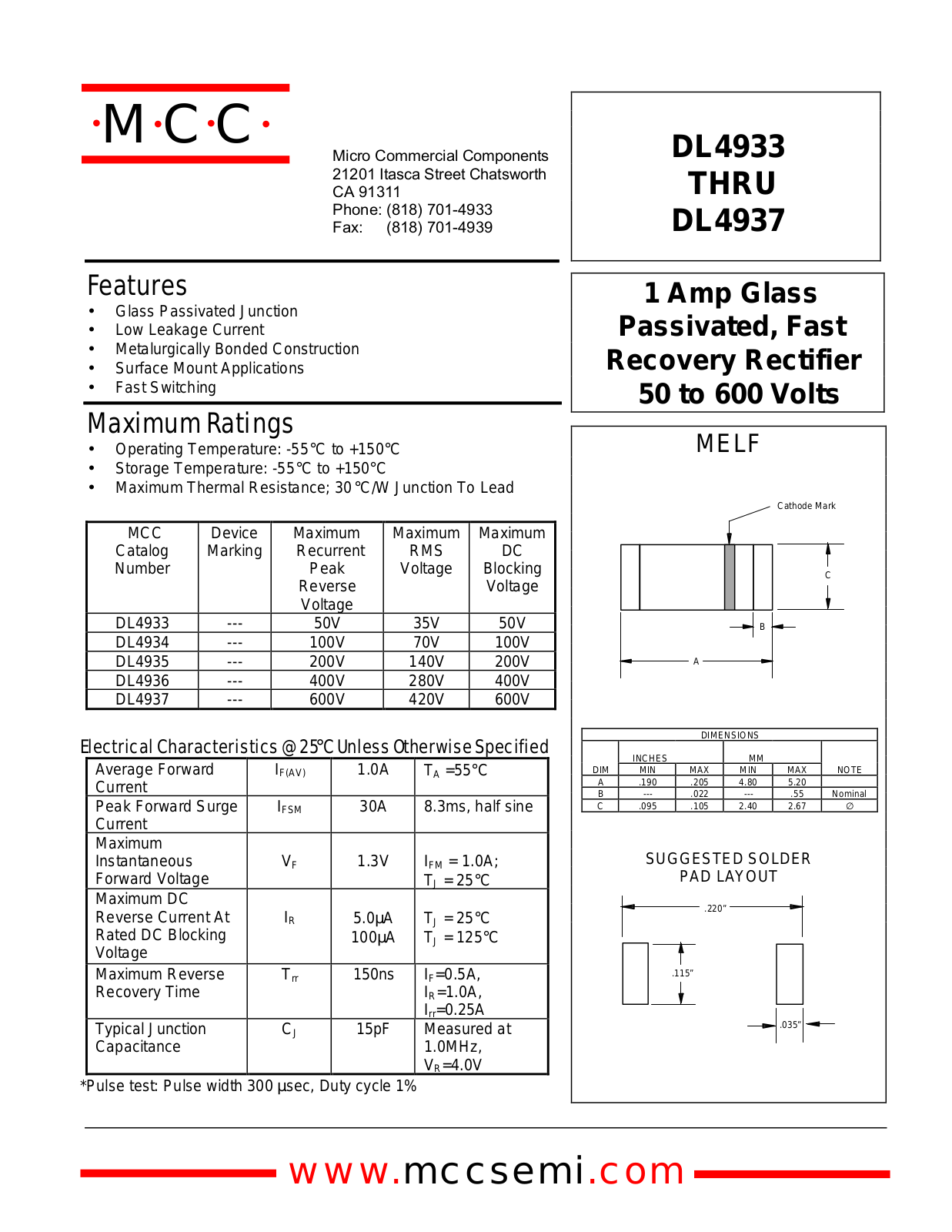 MCC DL4937, DL4936, DL4935, DL4934, DL4933 Datasheet