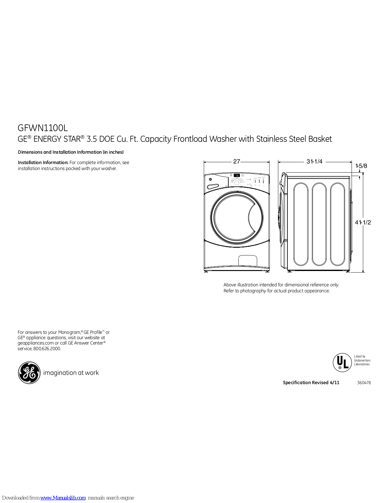 GE Profile GFWN1100L, GFWN1100LWW, GE Profile WE25X10018 Dimensions And Installation Information