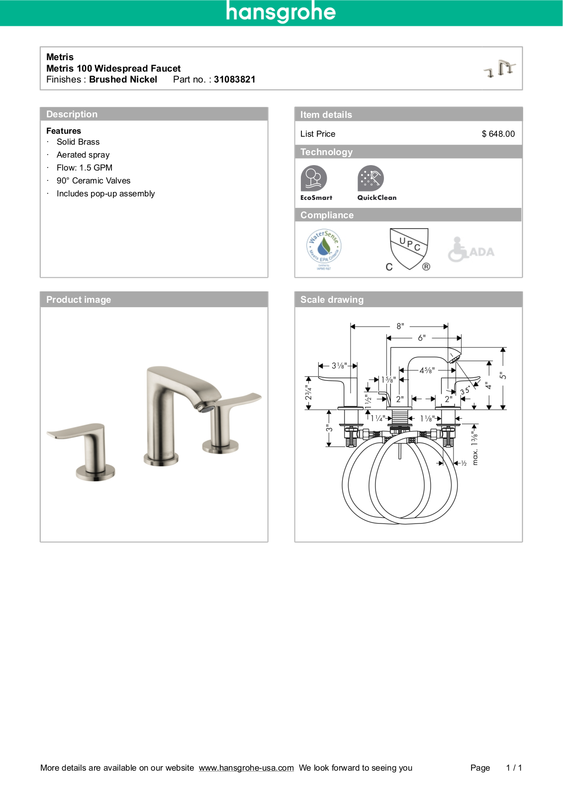 Hansgrohe 31083821 Specs