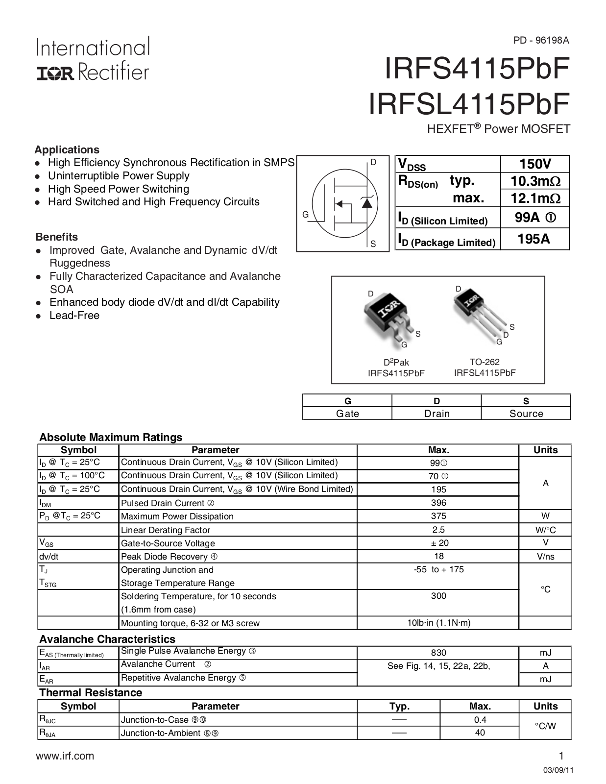 Datasheet IRFS4115PBF Datasheet - ManualMachine.com
