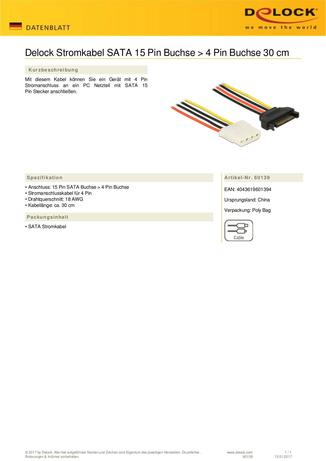 DeLOCK Stromkabel SATA 15-Pin Stecker auf Molex 4-Pin Buchse, 0.30m User Manual