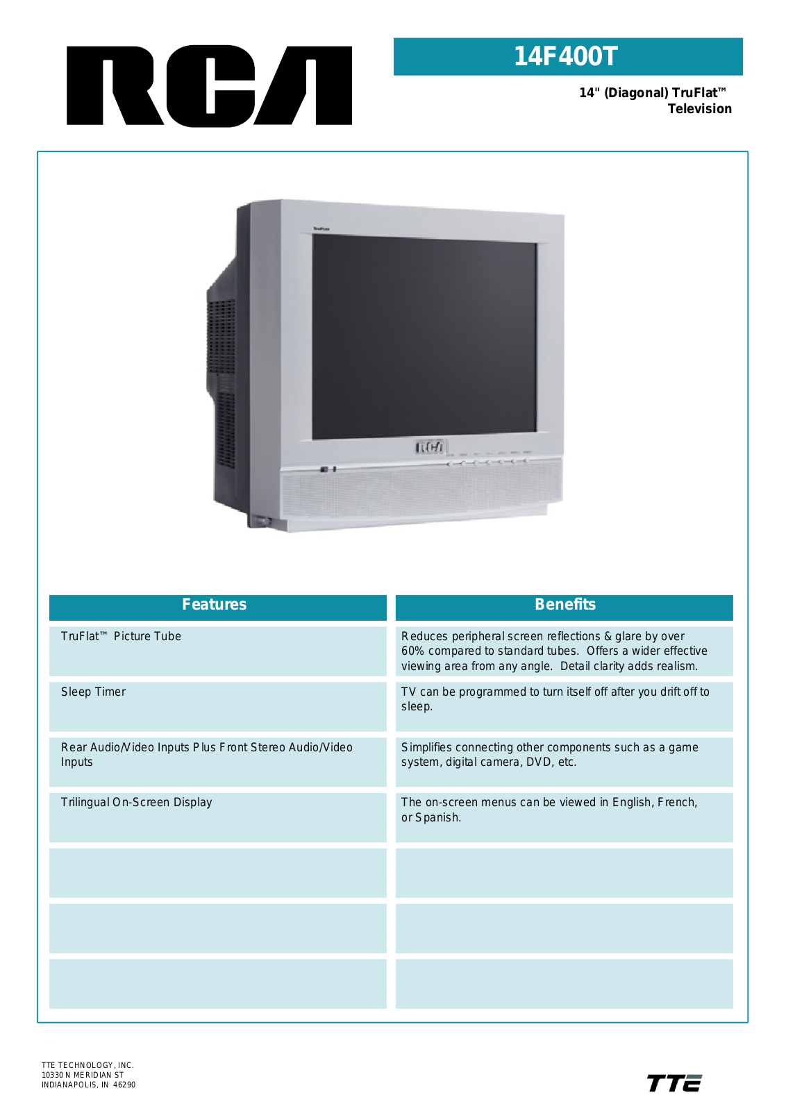 RCA 14F400T Specification Sheet