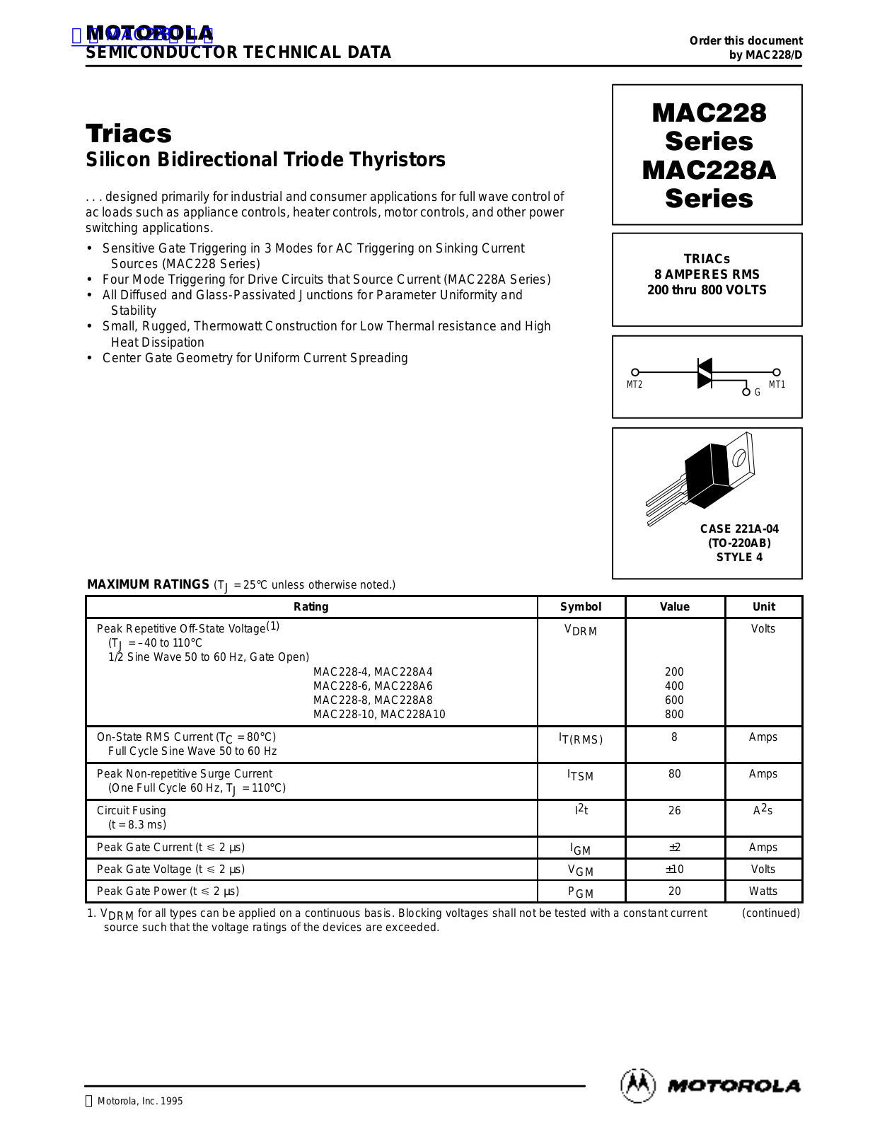 MOTOROLA MAC228 Technical data