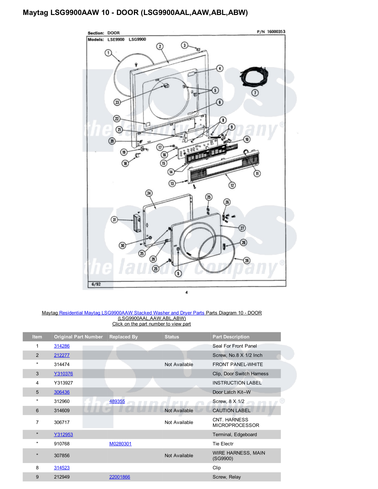 Maytag LSG9900AAW Stacked and Parts Diagram