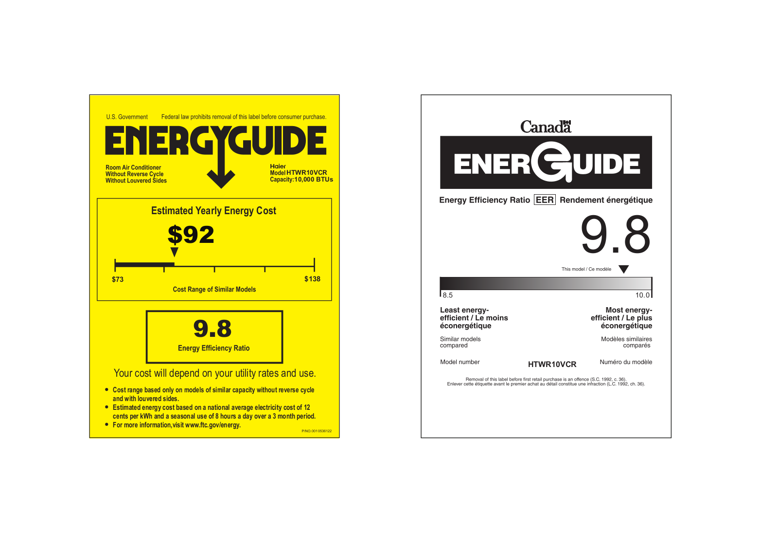 Haier HTWR10VCR Energy Guide