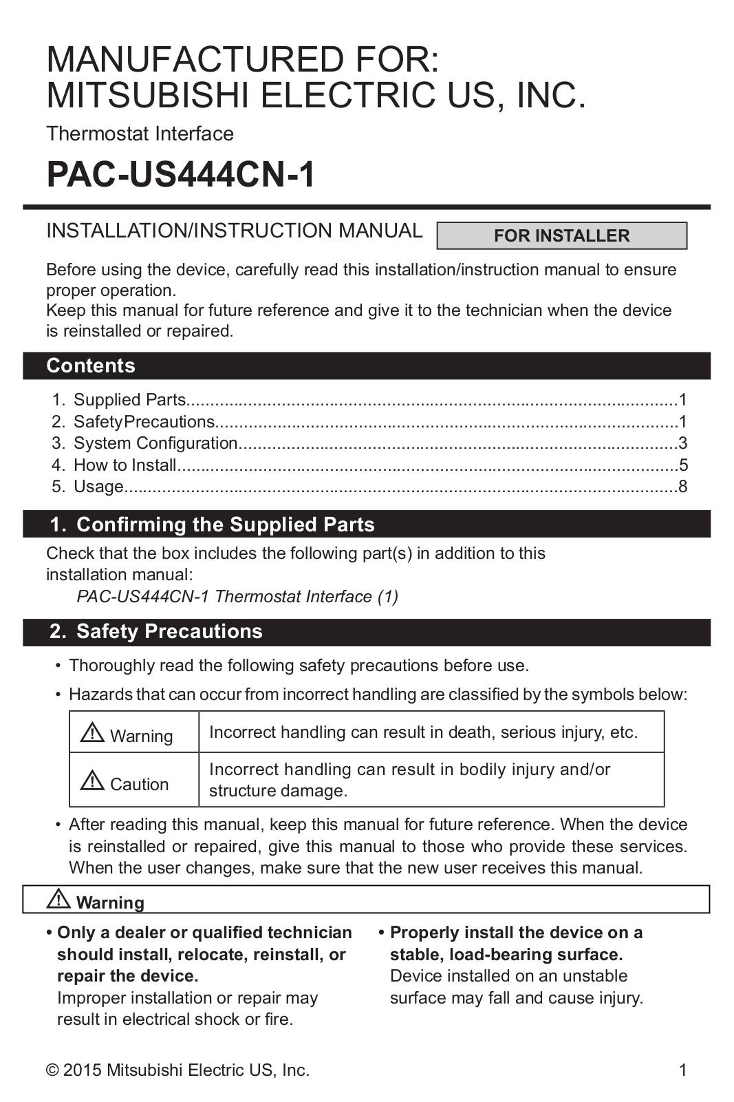 Mitsubishi Electronics PAC-US444CN-1 Installation Manual