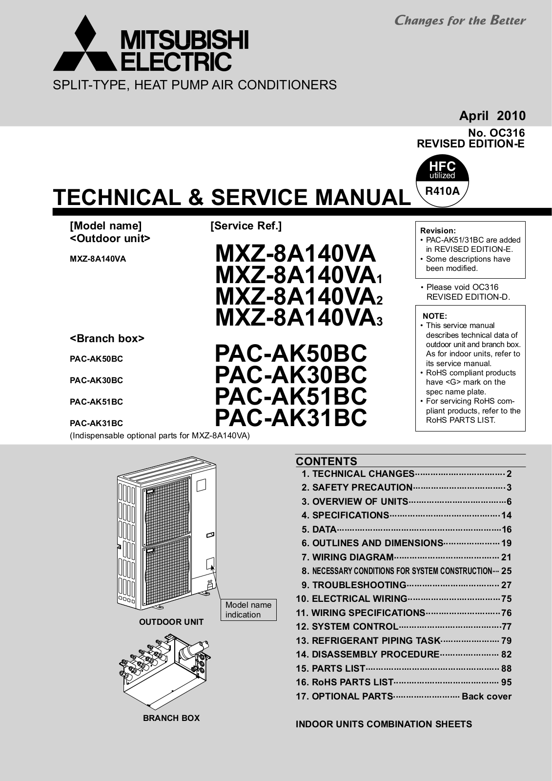 Mitsubishi MXZ-8A140VA/VA1/VA2/VA3, PAC-AK50BC, PAC-AK30BC, PAC-AK51BC, PAC-AK31BC Service Manual