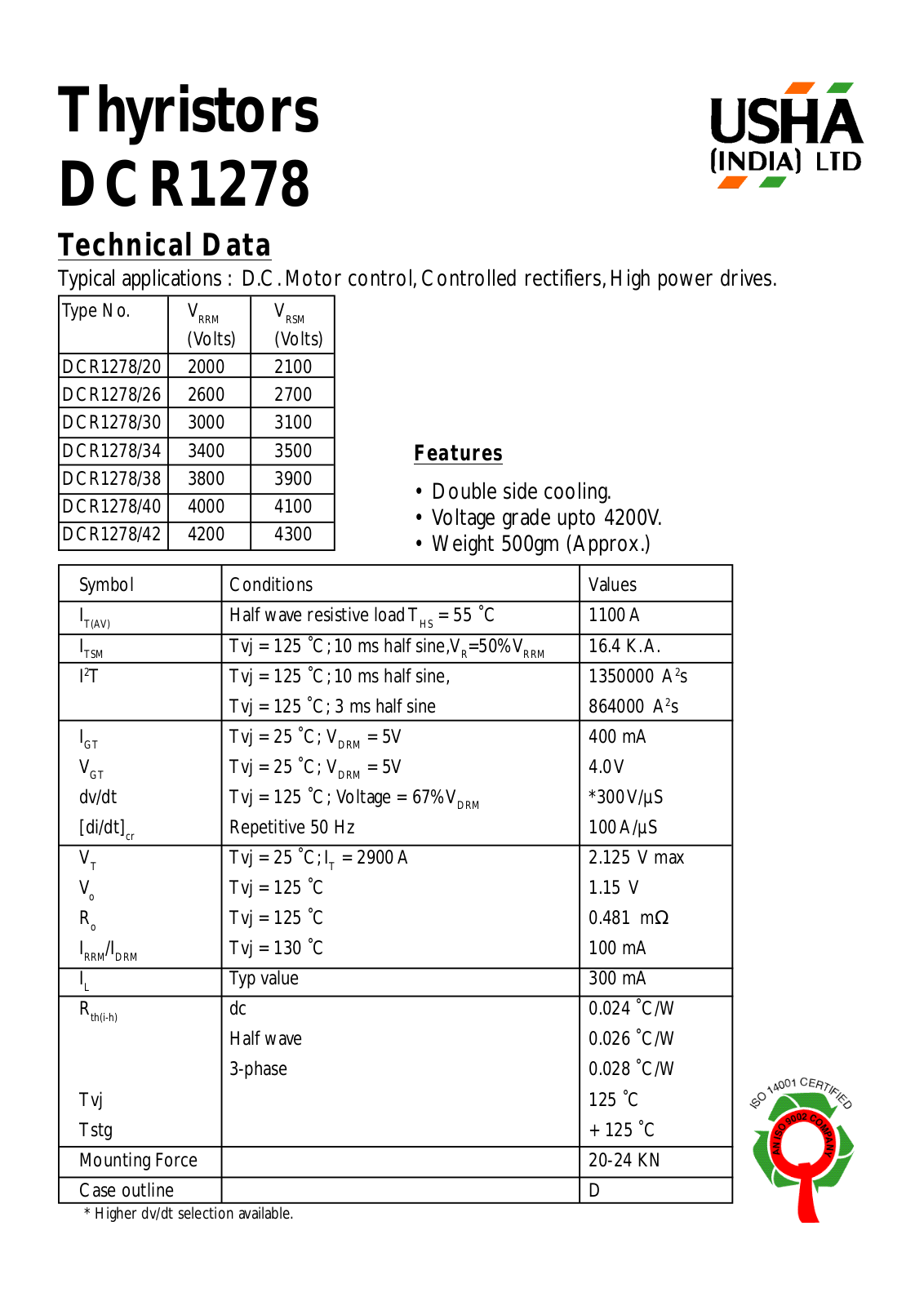 USHA DCR1278-42, DCR1278-40, DCR1278-38, DCR1278-34, DCR1278-30 Datasheet