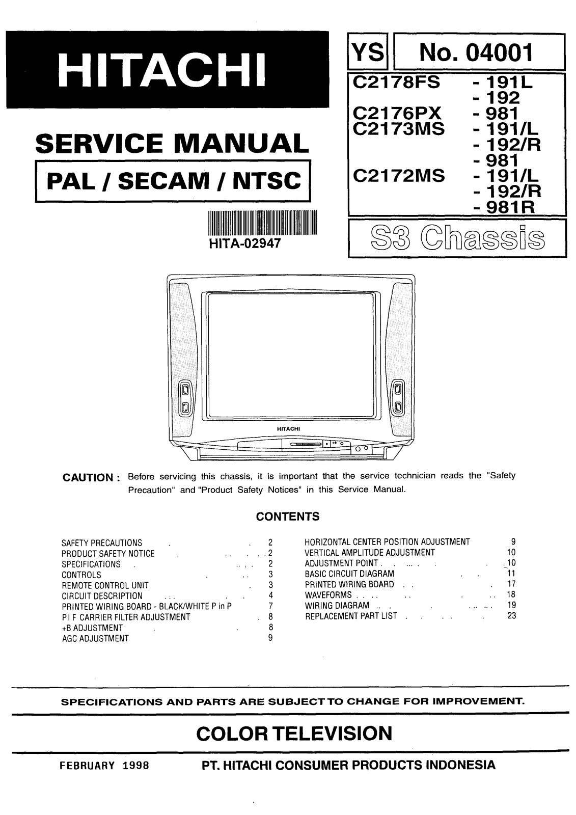 Hitachi C2176PX, C2173MS, C2172MS Service Manual