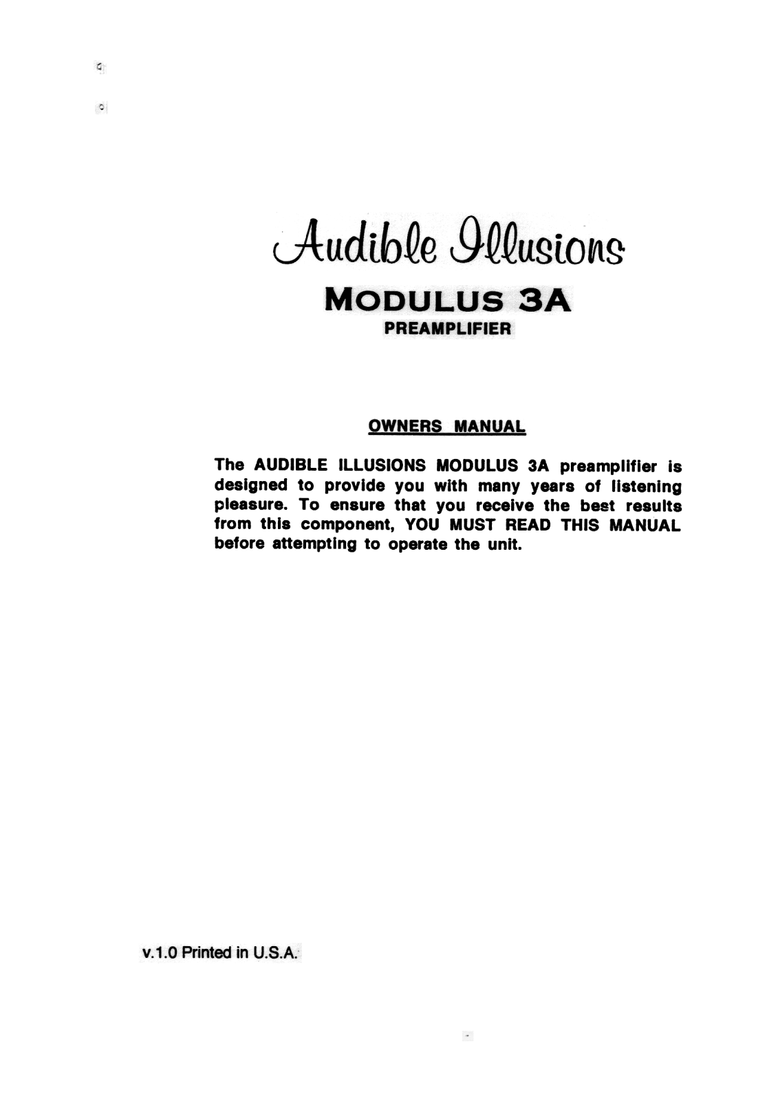 Audible Illusions Modulus 3-A Owners manual