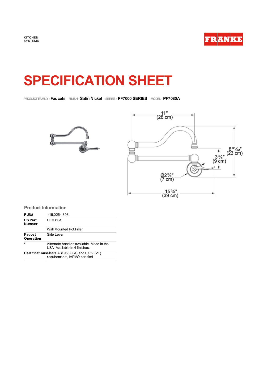 Franke PF7080A Specifications