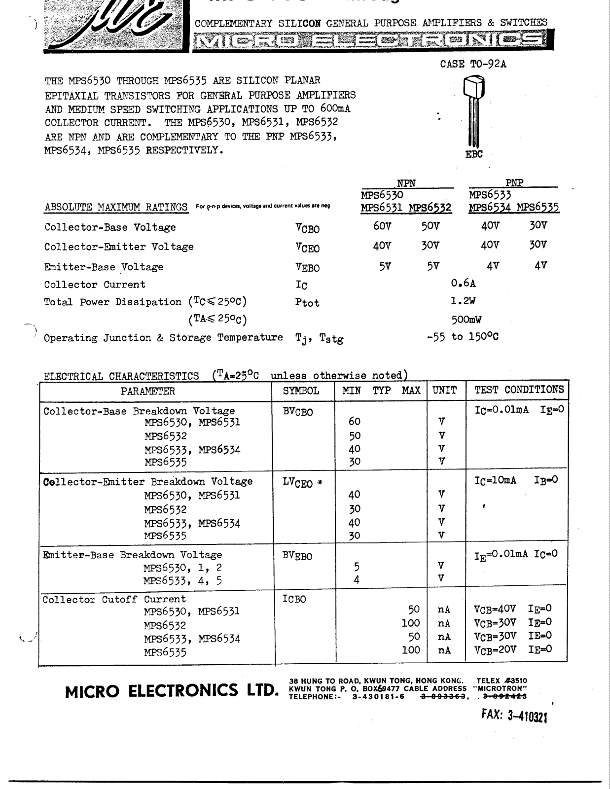 MICRO MPS6534, MPS6531, MPS6532, MPS6533, MPS6530 Datasheet