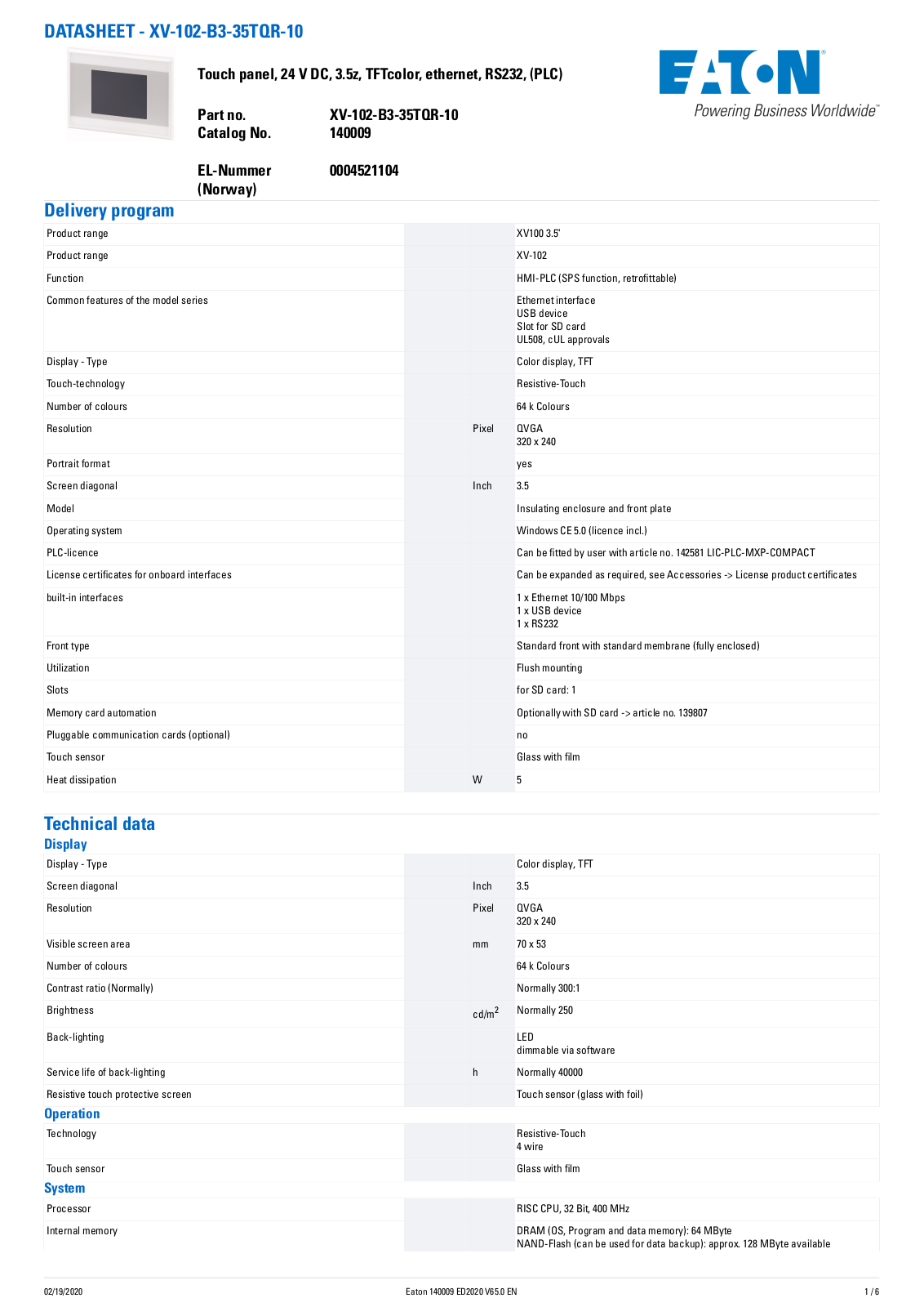 Cutler Hammer, Div of Eaton Corp XV-102-B3-35TQR-10 Data Sheet