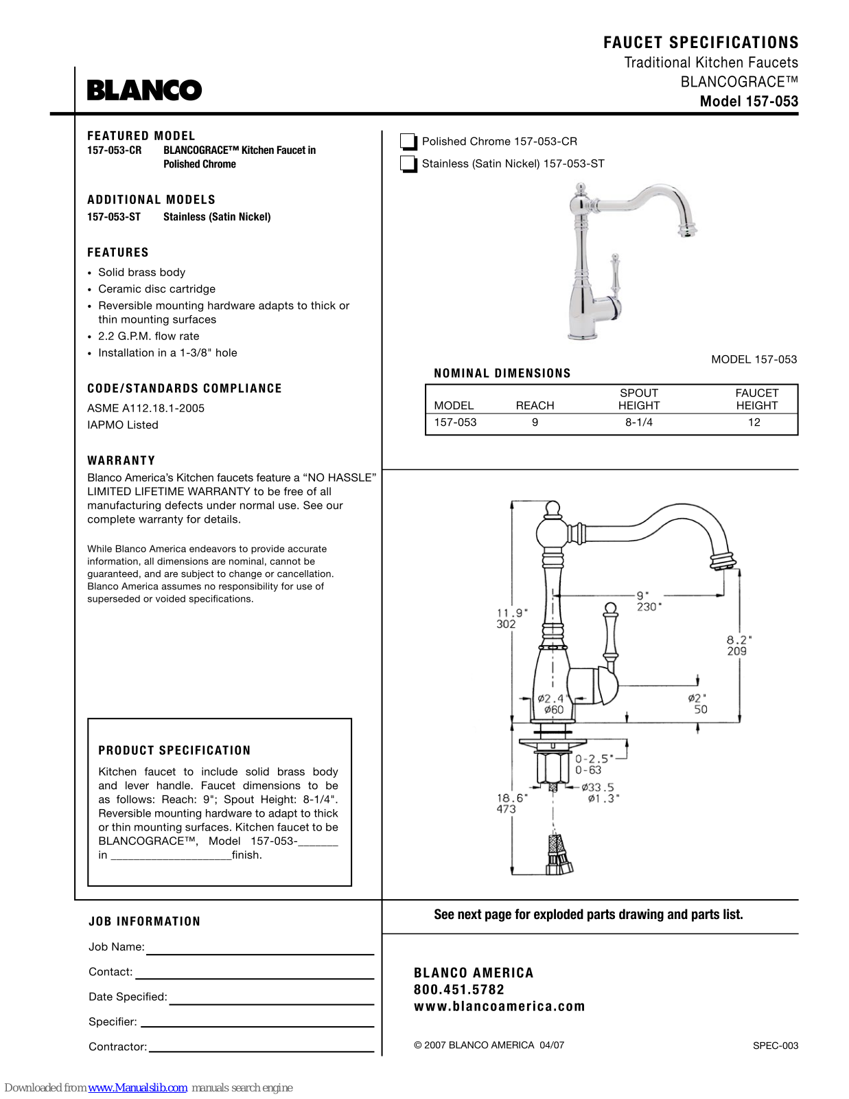 Blanco 157-053-CR, 157-053-ST Specification Sheet - ManualMachine.com