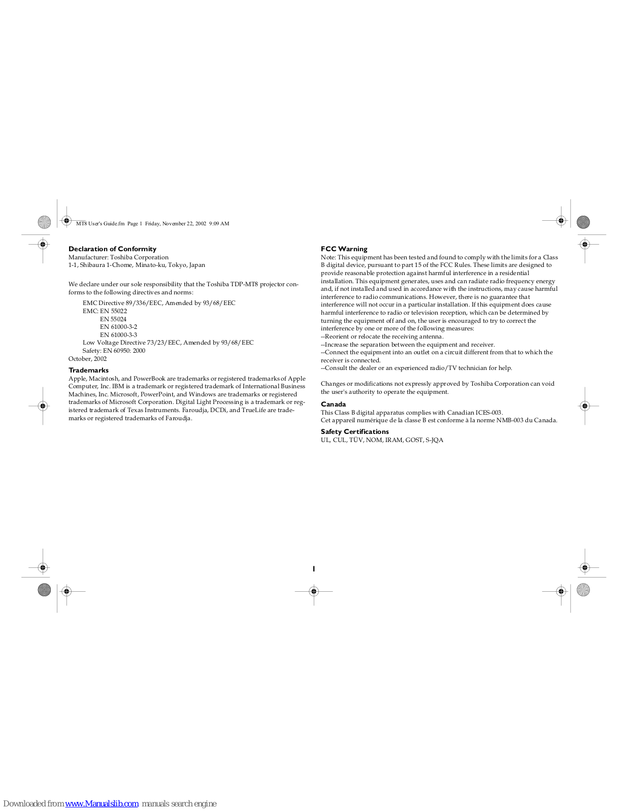 Toshiba TDP-MT8 User Manual