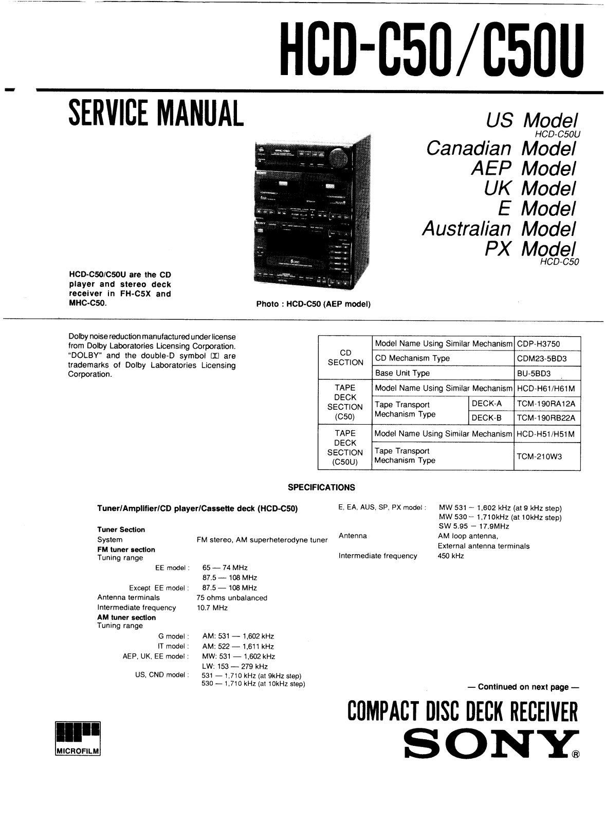 Sony HCD-C50, HCD-C50U Service manual