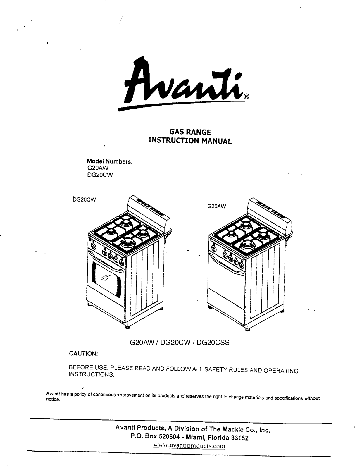 Avanti G20AW, DG20CSS User Manual