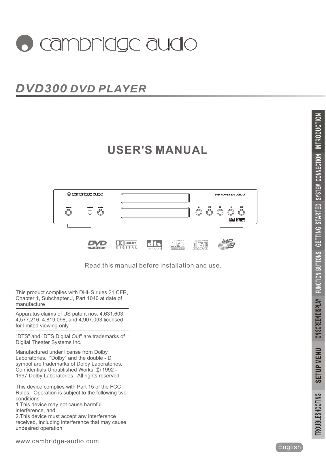 Cambridge Audio DVD-300 Owners manual