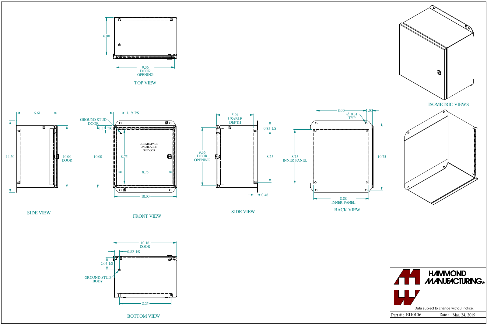 Hammond Manufacturing EJ10106 technical drawings