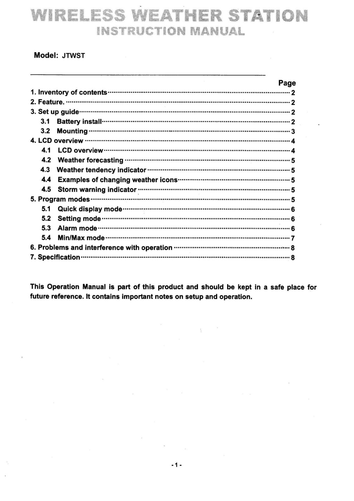 Jet-tech Weather Pro JTWST Instruction Manual